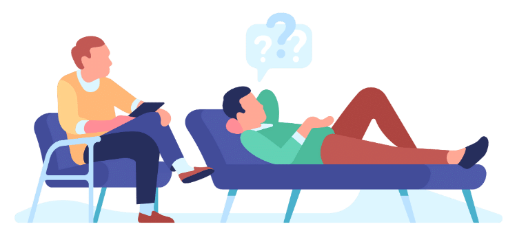 Illustration eines Patienten auf einer Couch, gegenüber seinem Psychoanalytiker