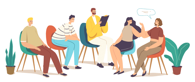 Illustration einer Gruppe von Menschen, die während eines Workshops im Kreis sitzen