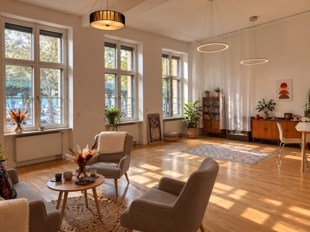 Sunlit therapy and workshop room with grey armchairs and tall windows at My International Therapy, Berlin